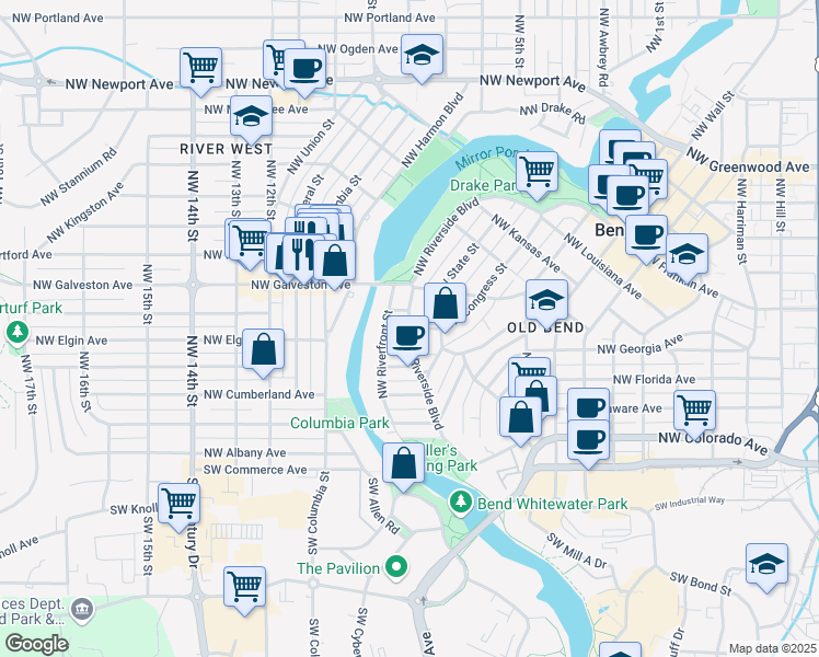 map of restaurants, bars, coffee shops, grocery stores, and more near Northwest Riverside Boulevard in Bend