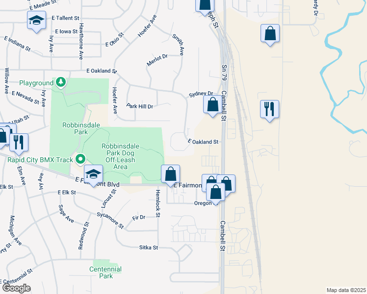 map of restaurants, bars, coffee shops, grocery stores, and more near 3131 Outlook Circle in Rapid City