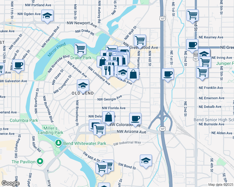 map of restaurants, bars, coffee shops, grocery stores, and more near 408 Northwest Georgia Avenue in Bend