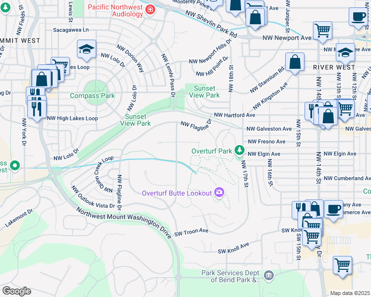 map of restaurants, bars, coffee shops, grocery stores, and more near 240 Northwest Skyliner Summit Loop in Bend