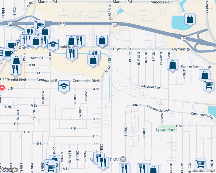 map of restaurants, bars, coffee shops, grocery stores, and more near 1093 28th Street in Springfield