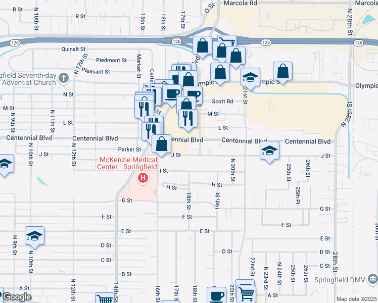 map of restaurants, bars, coffee shops, grocery stores, and more near 1805 J Street in Springfield