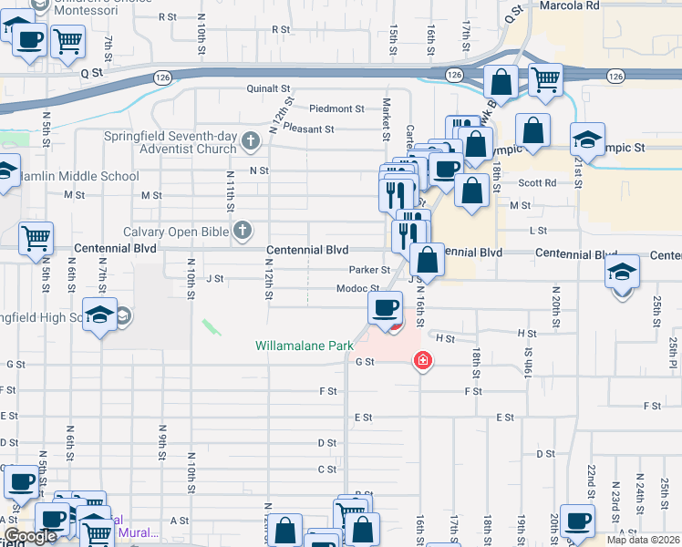 map of restaurants, bars, coffee shops, grocery stores, and more near 1360 Modoc Street in Springfield