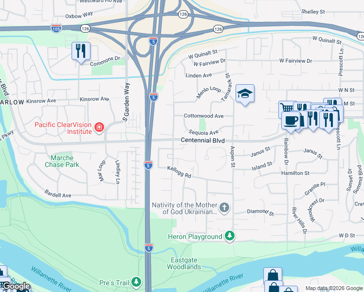 map of restaurants, bars, coffee shops, grocery stores, and more near 1032 Oak Meadows Place in Springfield