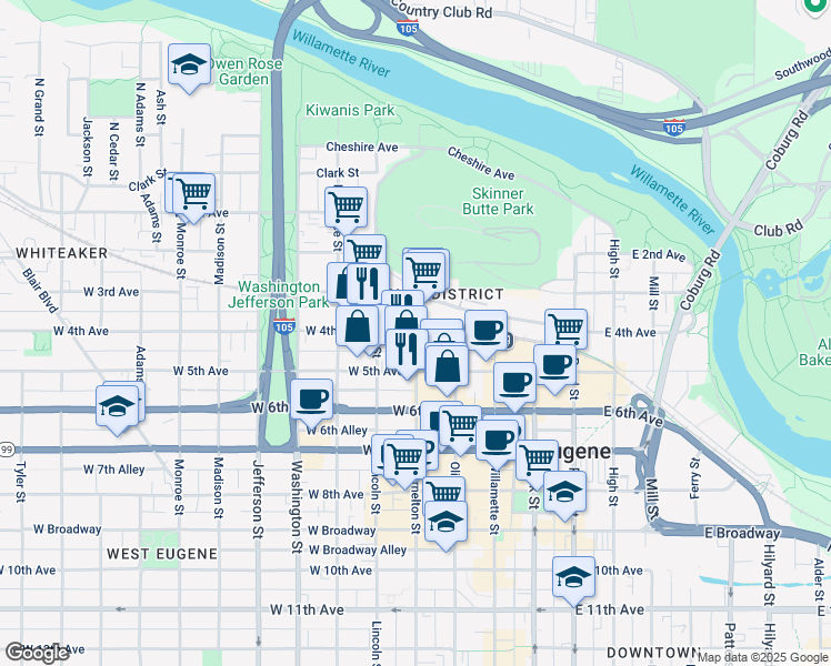 map of restaurants, bars, coffee shops, grocery stores, and more near 438 Charnelton Street in Eugene