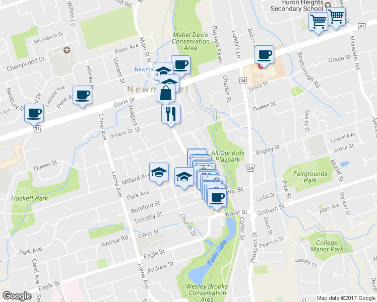 map of restaurants, bars, coffee shops, grocery stores, and more near in Newmarket