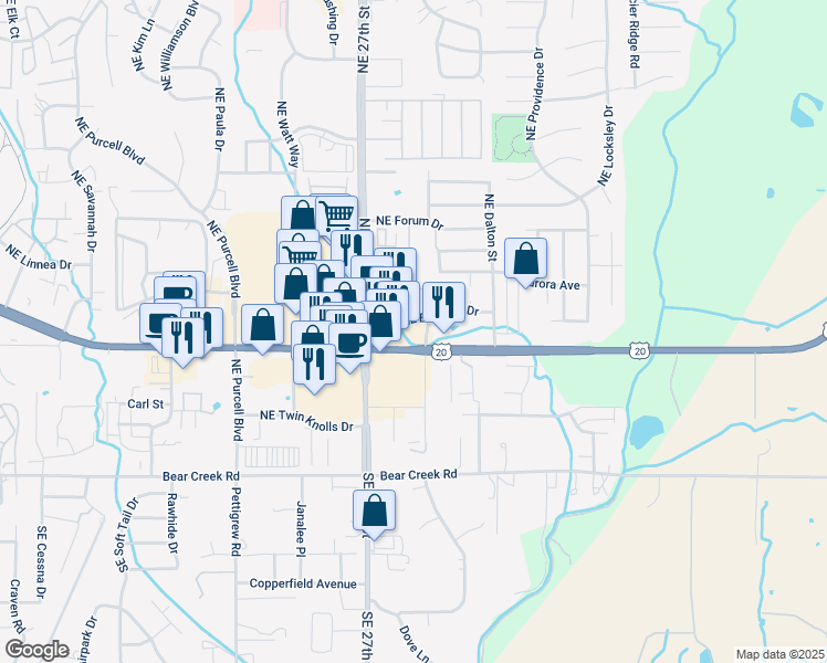 map of restaurants, bars, coffee shops, grocery stores, and more near 501 Northeast Bellevue Drive in Bend