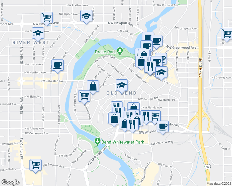 map of restaurants, bars, coffee shops, grocery stores, and more near Northwest Broadway Street in Bend