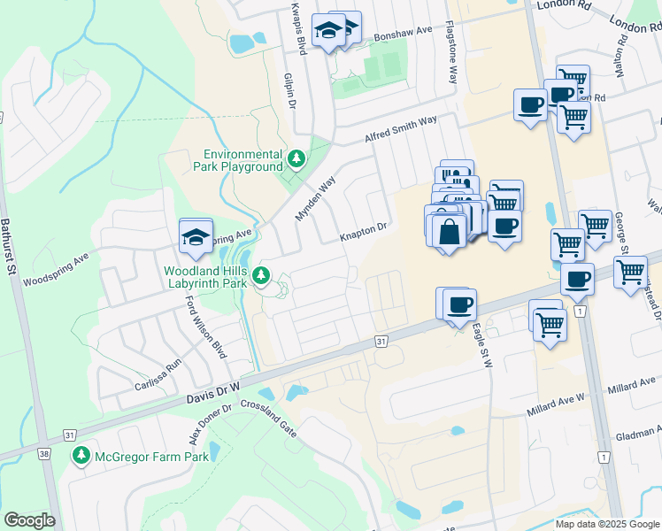 map of restaurants, bars, coffee shops, grocery stores, and more near 67 Tango Crescent in Newmarket