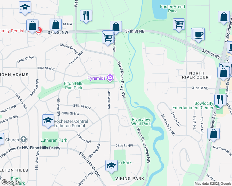 map of restaurants, bars, coffee shops, grocery stores, and more near 3081 Venice Lane Northwest in Rochester