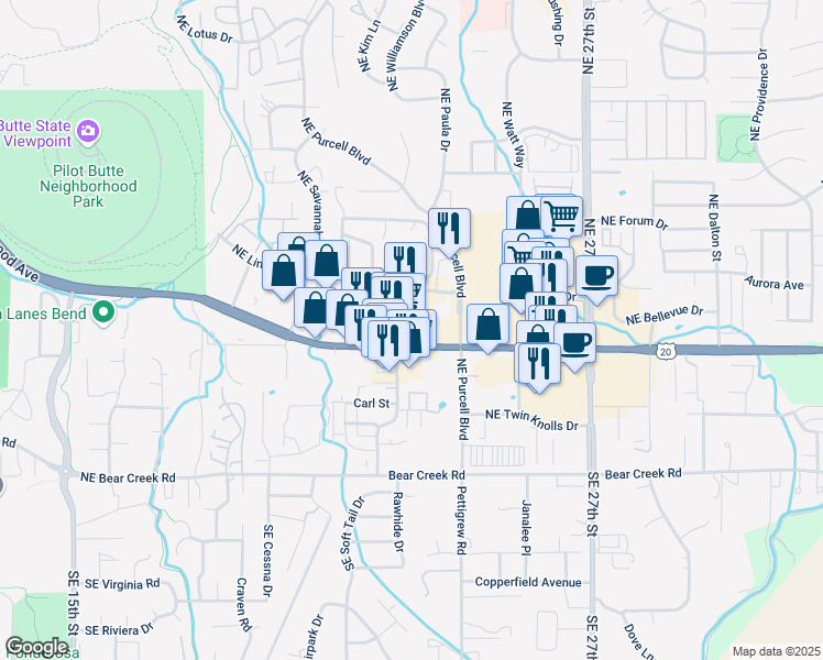map of restaurants, bars, coffee shops, grocery stores, and more near 2200 U.S. 20 in Bend