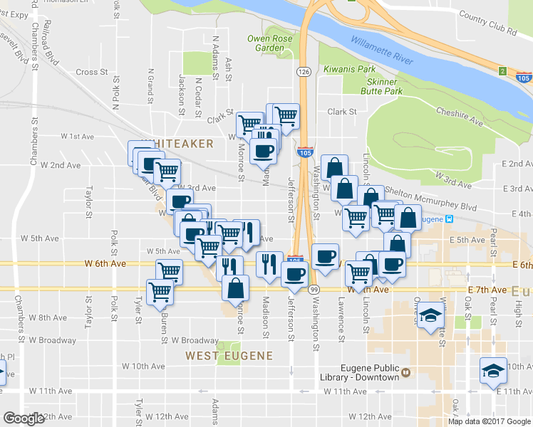 map of restaurants, bars, coffee shops, grocery stores, and more near Madison St & W 4th Ave in Eugene