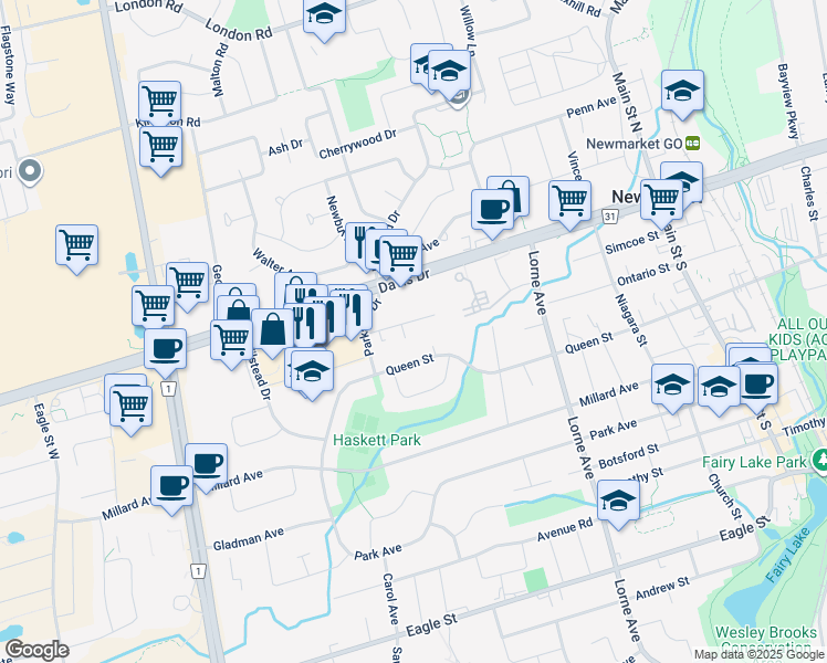 map of restaurants, bars, coffee shops, grocery stores, and more near in Newmarket