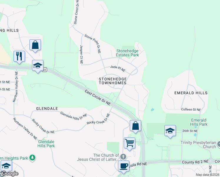 map of restaurants, bars, coffee shops, grocery stores, and more near 3041 Stonehedge Drive Northeast in Rochester