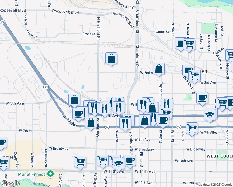map of restaurants, bars, coffee shops, grocery stores, and more near 401-499 Grant Street in Eugene