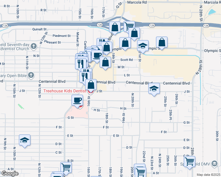 map of restaurants, bars, coffee shops, grocery stores, and more near 1805 J Street in Springfield
