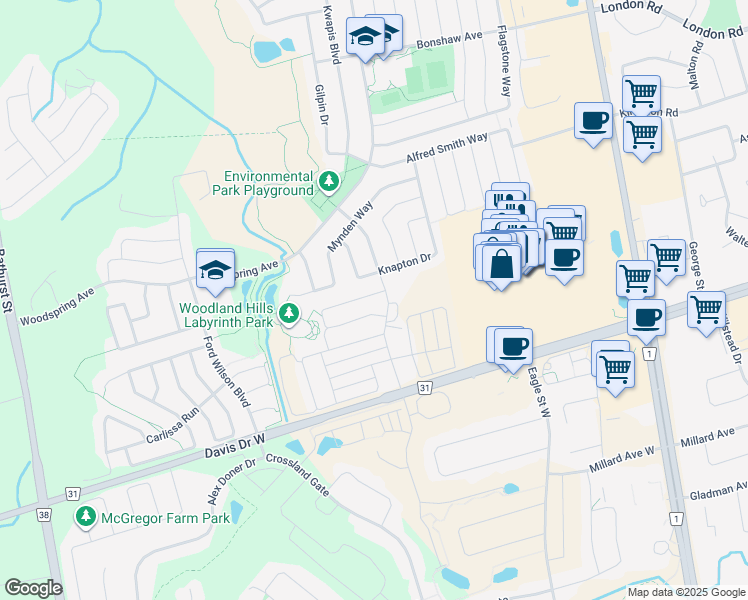 map of restaurants, bars, coffee shops, grocery stores, and more near 59 Tango Crescent in Newmarket