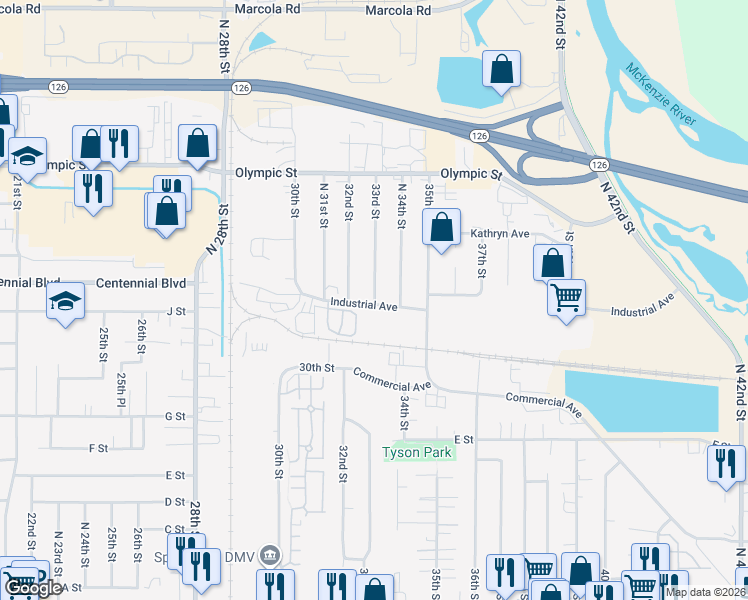 map of restaurants, bars, coffee shops, grocery stores, and more near 3265 Industrial Avenue in Springfield