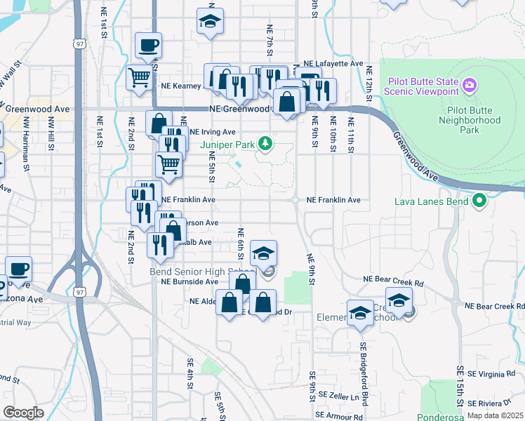 map of restaurants, bars, coffee shops, grocery stores, and more near 662 Northeast Emerson Avenue in Bend