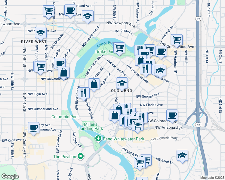 map of restaurants, bars, coffee shops, grocery stores, and more near 204 Northwest Saint Helens Place in Bend