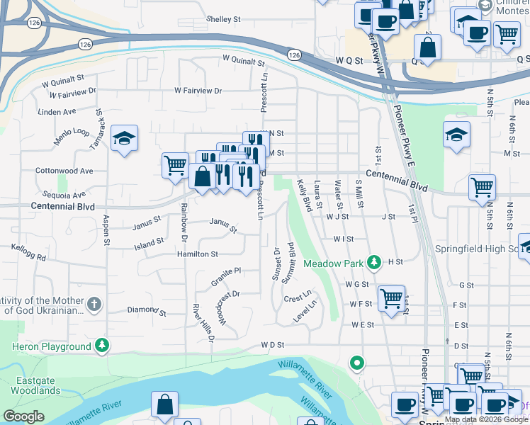 map of restaurants, bars, coffee shops, grocery stores, and more near 985 Prescott Lane in Springfield