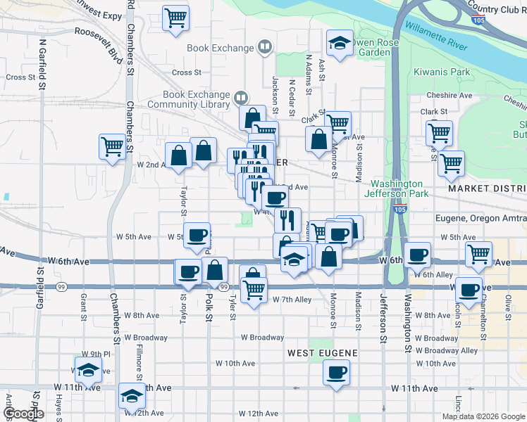 map of restaurants, bars, coffee shops, grocery stores, and more near 1100 West 4th Avenue in Eugene