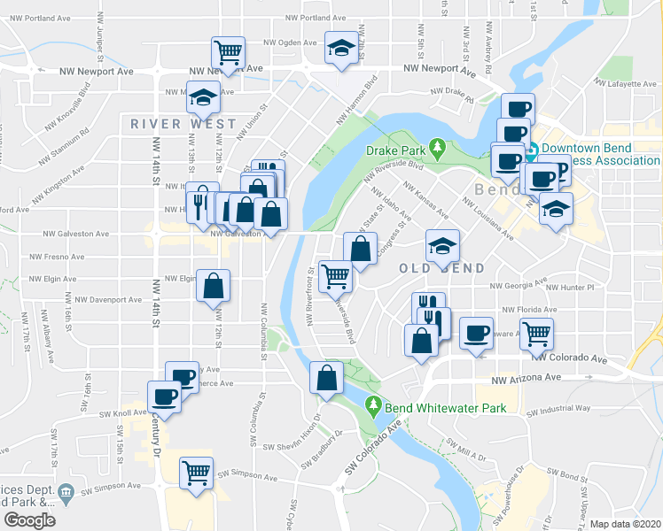 map of restaurants, bars, coffee shops, grocery stores, and more near Northwest Riverside Boulevard in Bend