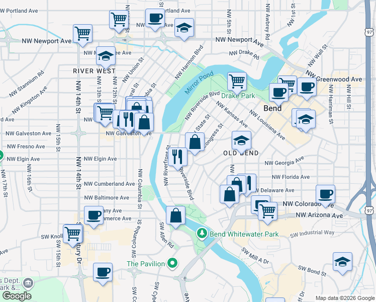 map of restaurants, bars, coffee shops, grocery stores, and more near 360 Northwest Riverside Boulevard in Bend
