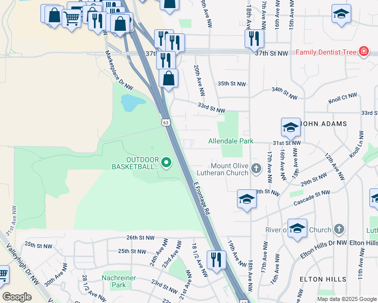 map of restaurants, bars, coffee shops, grocery stores, and more near 2034 30th Place Northwest in Rochester