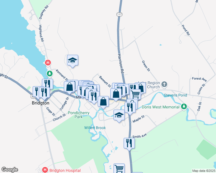 map of restaurants, bars, coffee shops, grocery stores, and more near 4 Bennett Street in Bridgton