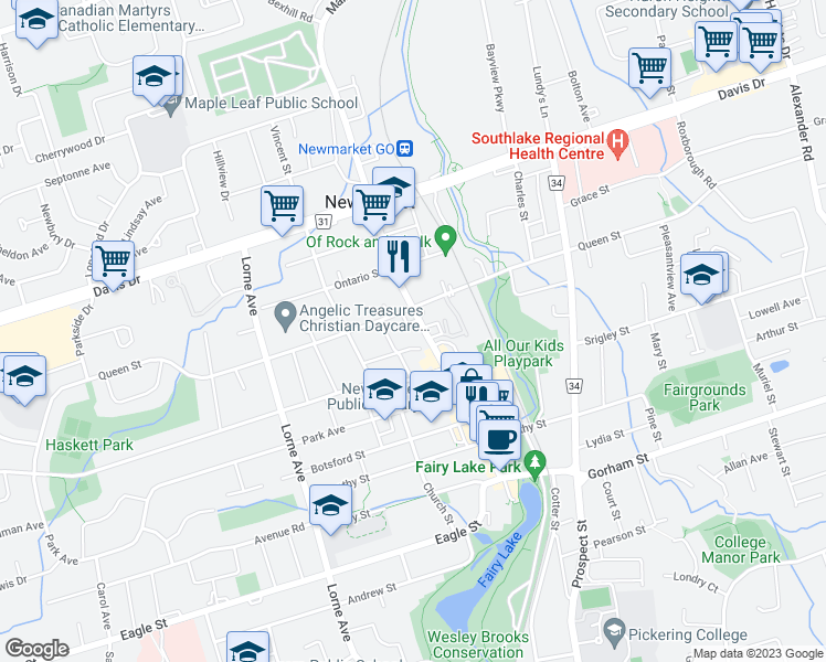 map of restaurants, bars, coffee shops, grocery stores, and more near 106 Main Street in Newmarket