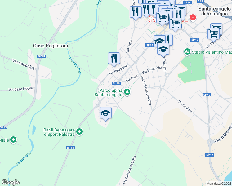 map of restaurants, bars, coffee shops, grocery stores, and more near 1 Via U. la Malfa in Santarcangelo di Romagna