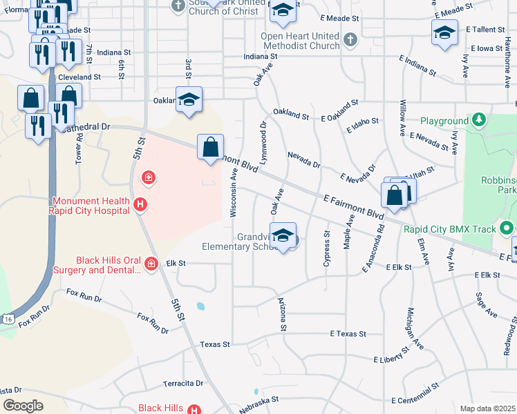 map of restaurants, bars, coffee shops, grocery stores, and more near 3104 Lynnwood Avenue in Rapid City