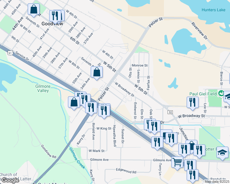 map of restaurants, bars, coffee shops, grocery stores, and more near 1760 Seventh Street in Winona