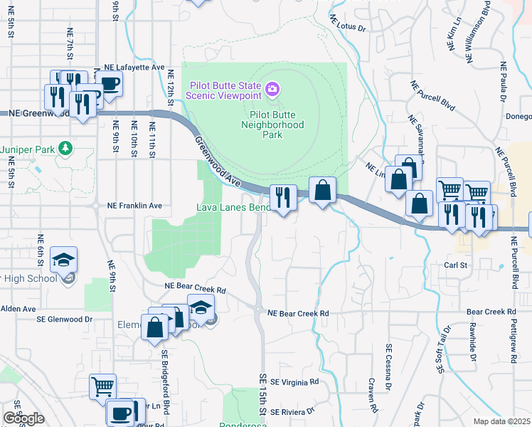 map of restaurants, bars, coffee shops, grocery stores, and more near 447 Northeast Burgess Place in Bend