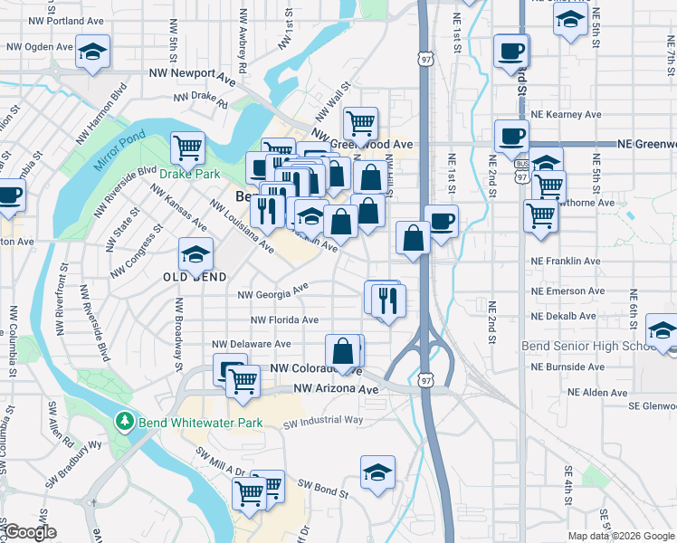 map of restaurants, bars, coffee shops, grocery stores, and more near 237 Northwest Georgia Avenue in Bend