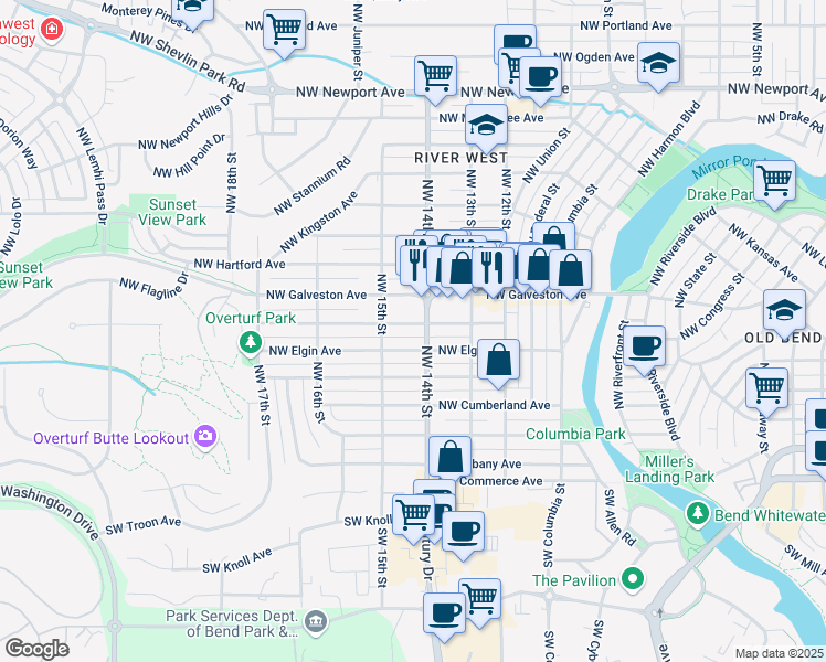 map of restaurants, bars, coffee shops, grocery stores, and more near in Bend