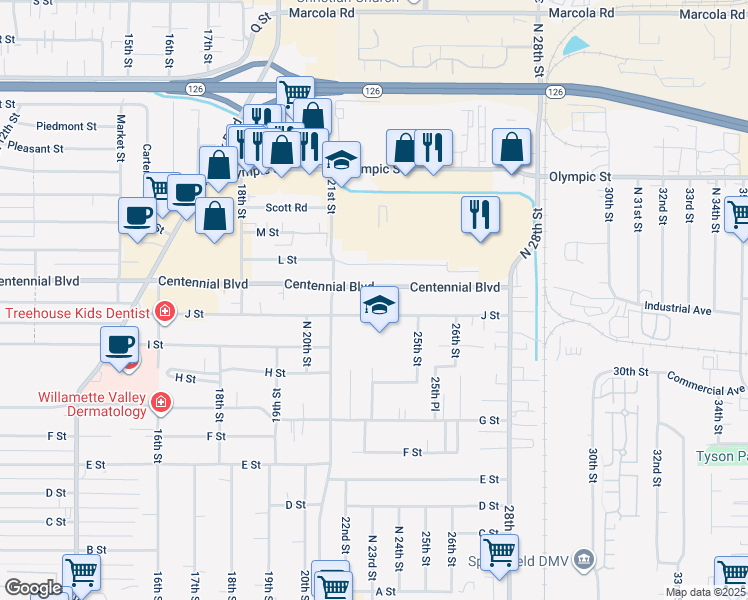 map of restaurants, bars, coffee shops, grocery stores, and more near 2312 J Street in Springfield