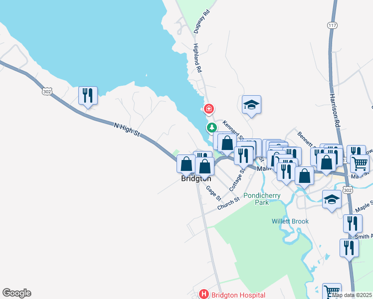 map of restaurants, bars, coffee shops, grocery stores, and more near 12 North High Street in Bridgton