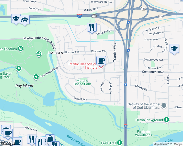 map of restaurants, bars, coffee shops, grocery stores, and more near 355 Marche Chase Drive in Eugene