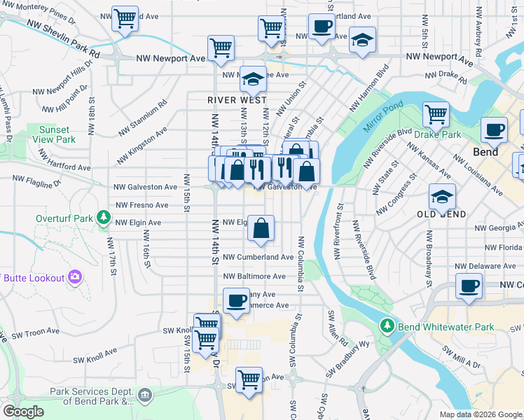 map of restaurants, bars, coffee shops, grocery stores, and more near 1205 Northwest Elgin Avenue in Bend