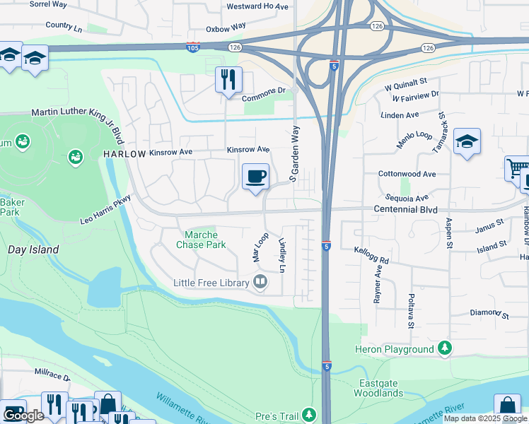 map of restaurants, bars, coffee shops, grocery stores, and more near Martin Luther King Jr Blvd & S Garden Way in Eugene