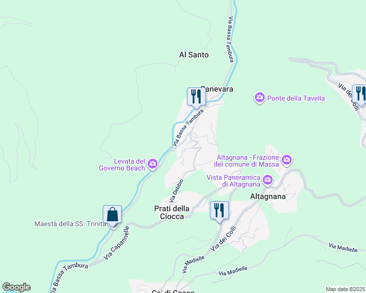 map of restaurants, bars, coffee shops, grocery stores, and more near 45 Via Debbio in Canevara