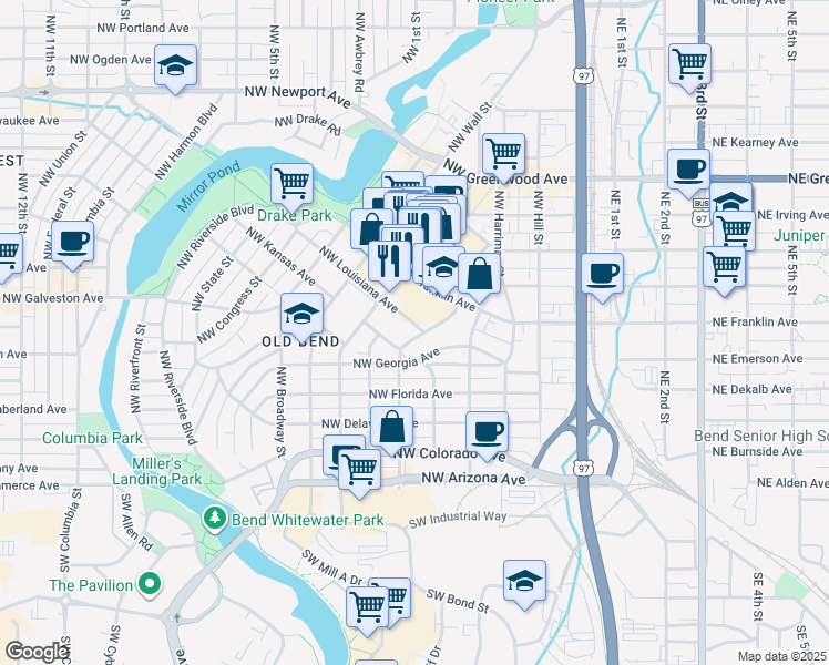 map of restaurants, bars, coffee shops, grocery stores, and more near 23 Northwest Louisiana Avenue in Bend