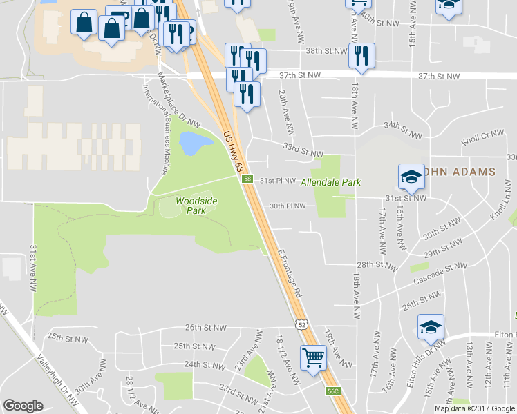map of restaurants, bars, coffee shops, grocery stores, and more near 3208 U.S. 52 in Rochester