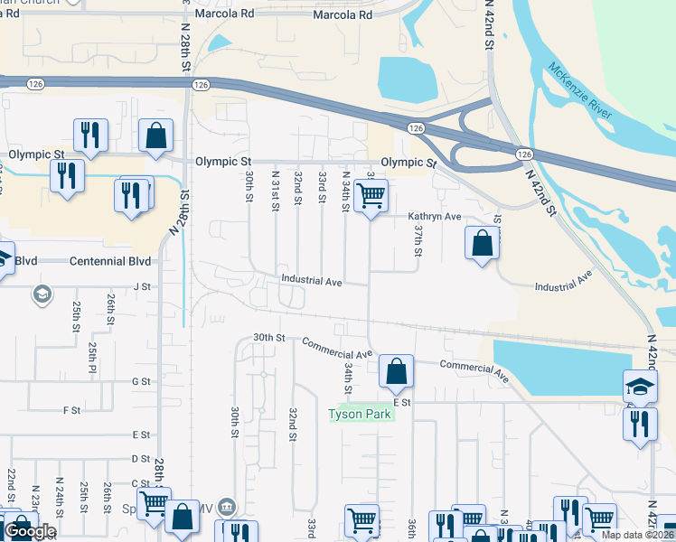 map of restaurants, bars, coffee shops, grocery stores, and more near 3420 Industrial Avenue in Springfield