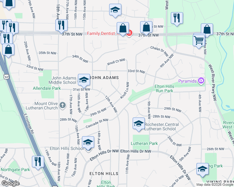map of restaurants, bars, coffee shops, grocery stores, and more near 3011 Knoll Lane Northwest in Rochester