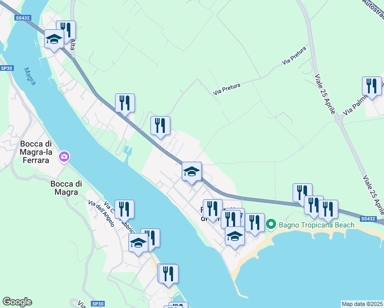 map of restaurants, bars, coffee shops, grocery stores, and more near Via Luni in Fiumaretta di Ameglia