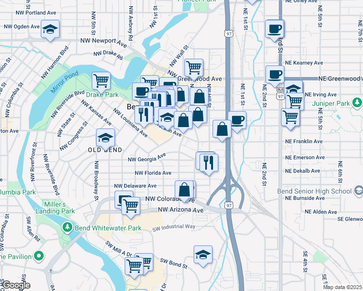 map of restaurants, bars, coffee shops, grocery stores, and more near 534 Northwest Sisemore Street in Bend