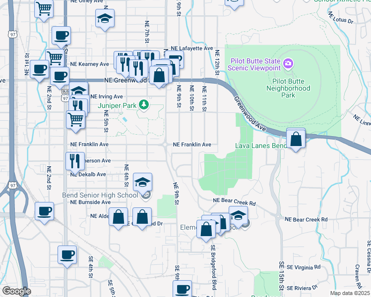 map of restaurants, bars, coffee shops, grocery stores, and more near 405 Northeast 10th Street in Bend
